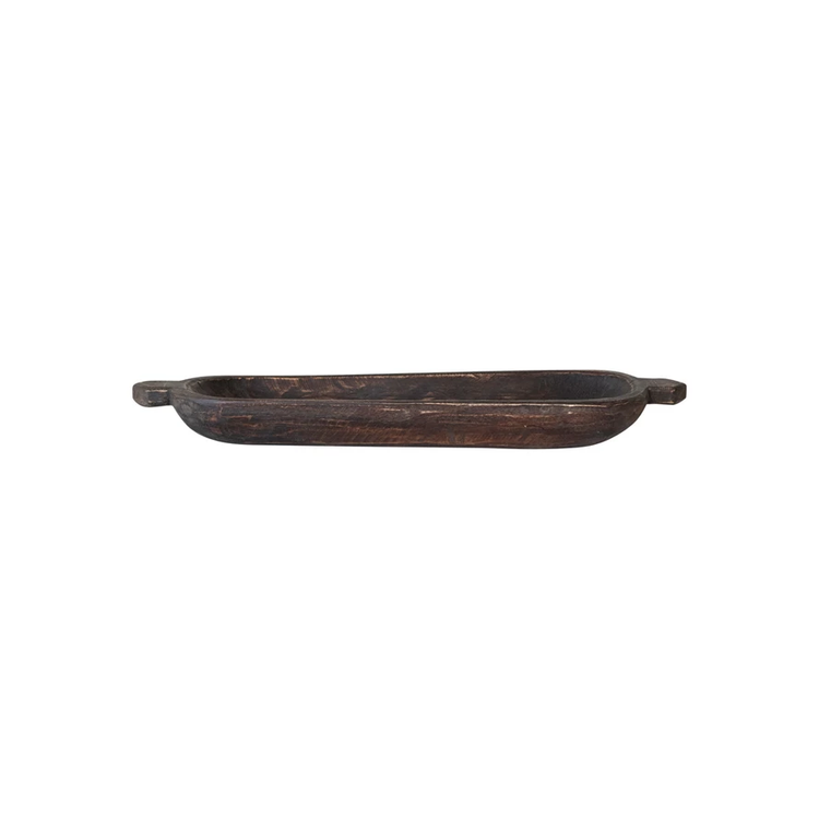 Long, shallow decorative wood trug with a dark brown finish and small side handles.