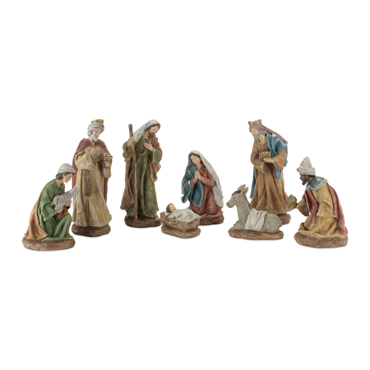 Eight-piece resin nativity set featuring Mary, Joseph, baby Jesus, three kings, and animals.