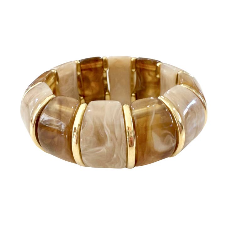Neva stretch bracelet with 18k gold-plated spacers and marbled brown and cream acrylic stone beads.