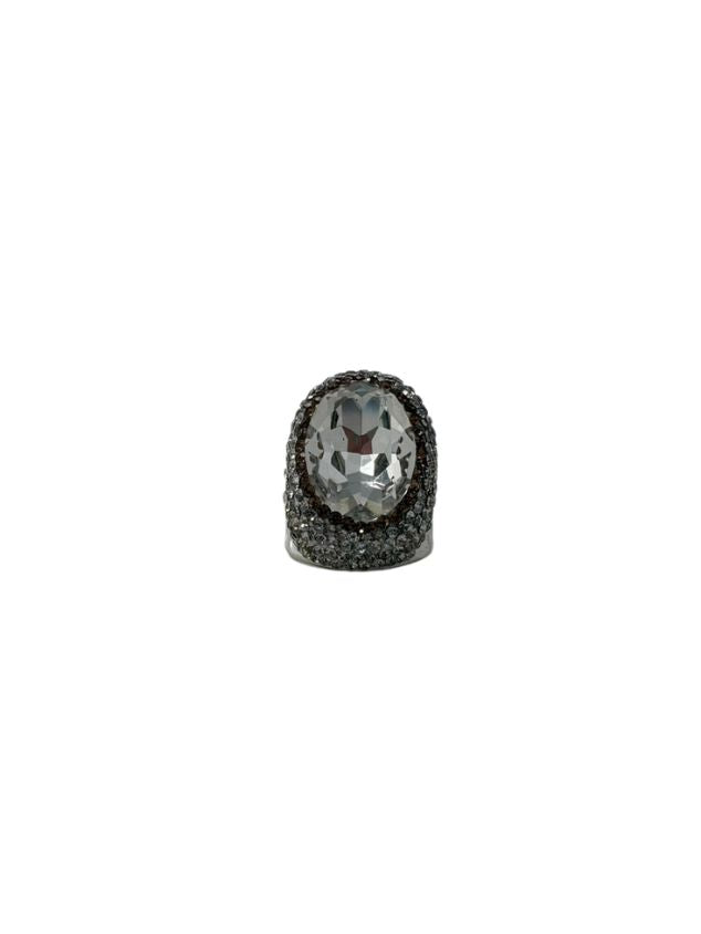 Queen of Sheba Fashion Ring featuring a large oval clear crystal surrounded by dark grey pavé stones