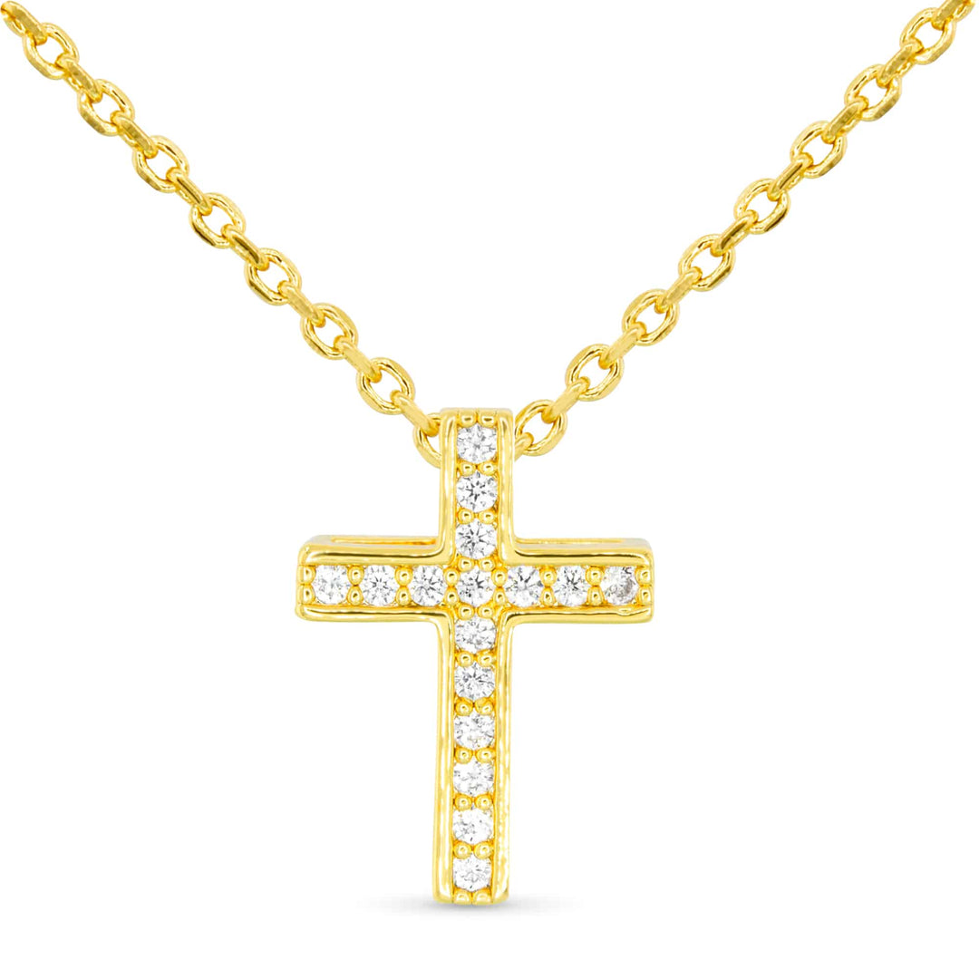 Gold cross necklace featuring channel-set cubic zirconia stones on a delicate gold chain.