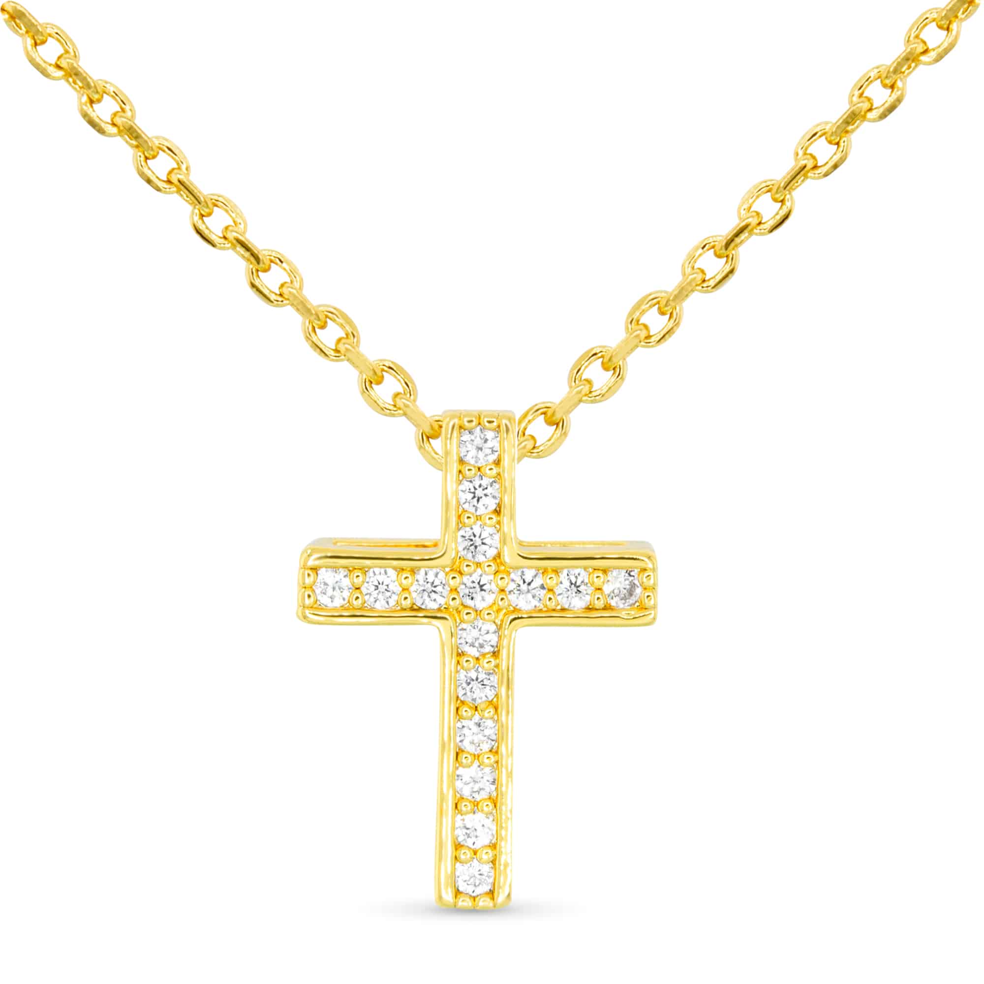 Gold cross necklace featuring channel-set cubic zirconia stones on a delicate gold chain.