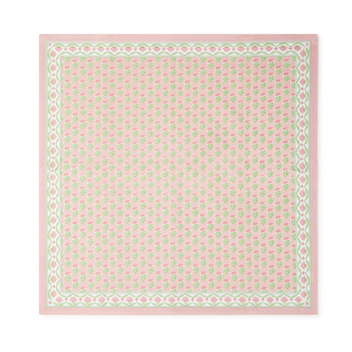 Set of four floral block print cotton cloth napkins in a square shape.