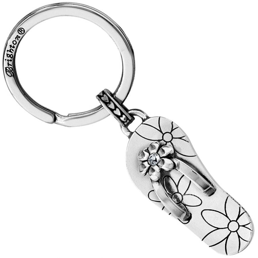 Silver-plated Dixie Key Fob featuring a flip-flop charm with floral engravings and crystal accents.