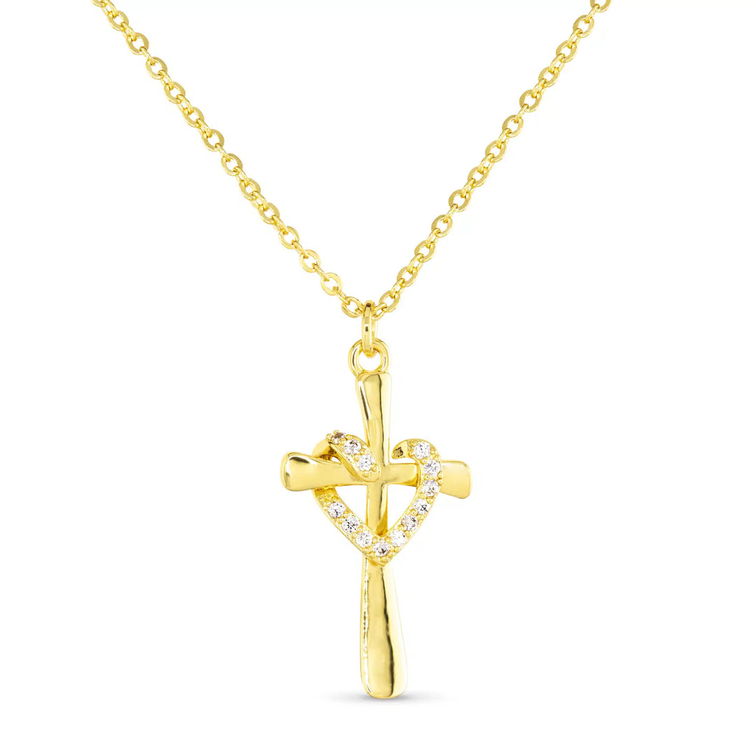 Gold CZ Cross Heart Necklace featuring a gold cross pendant with an intertwined crystal heart.