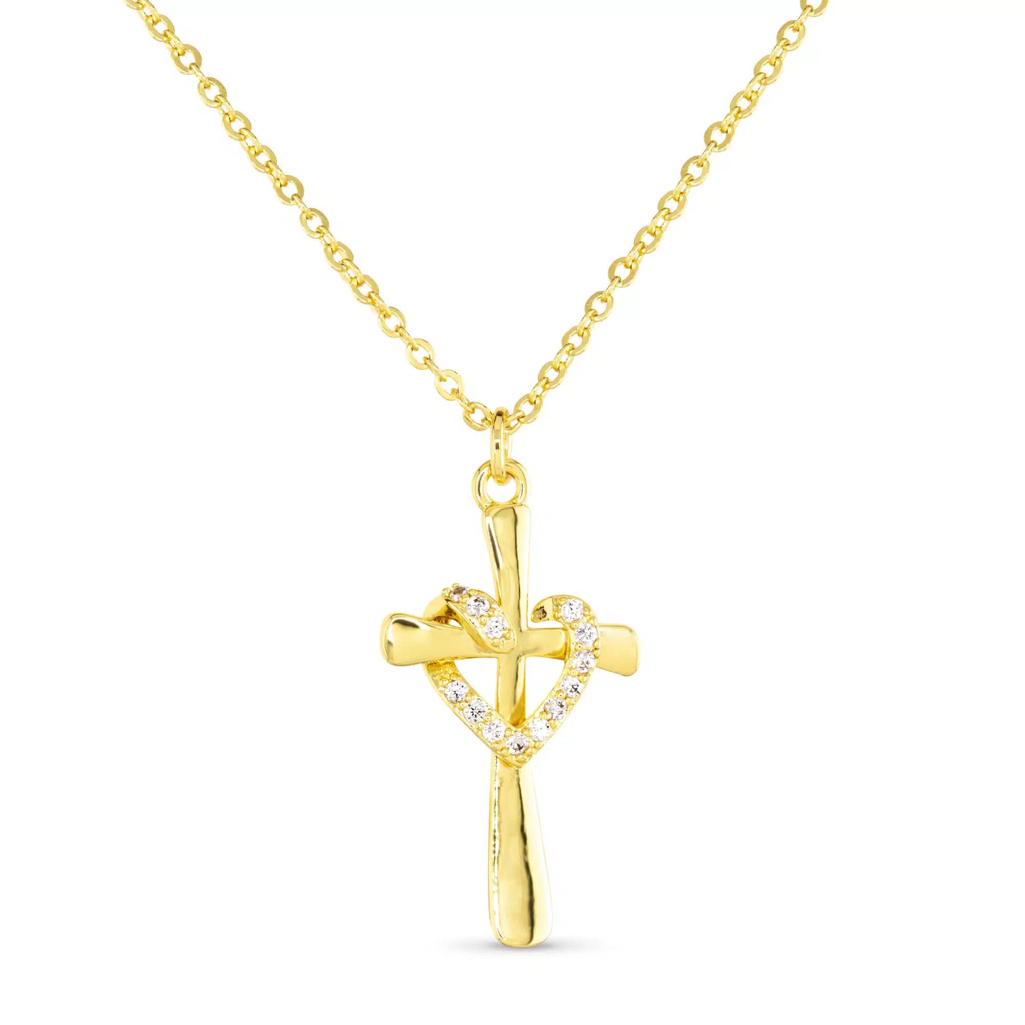 Gold CZ Cross Heart Necklace featuring a gold cross pendant with an intertwined crystal heart.