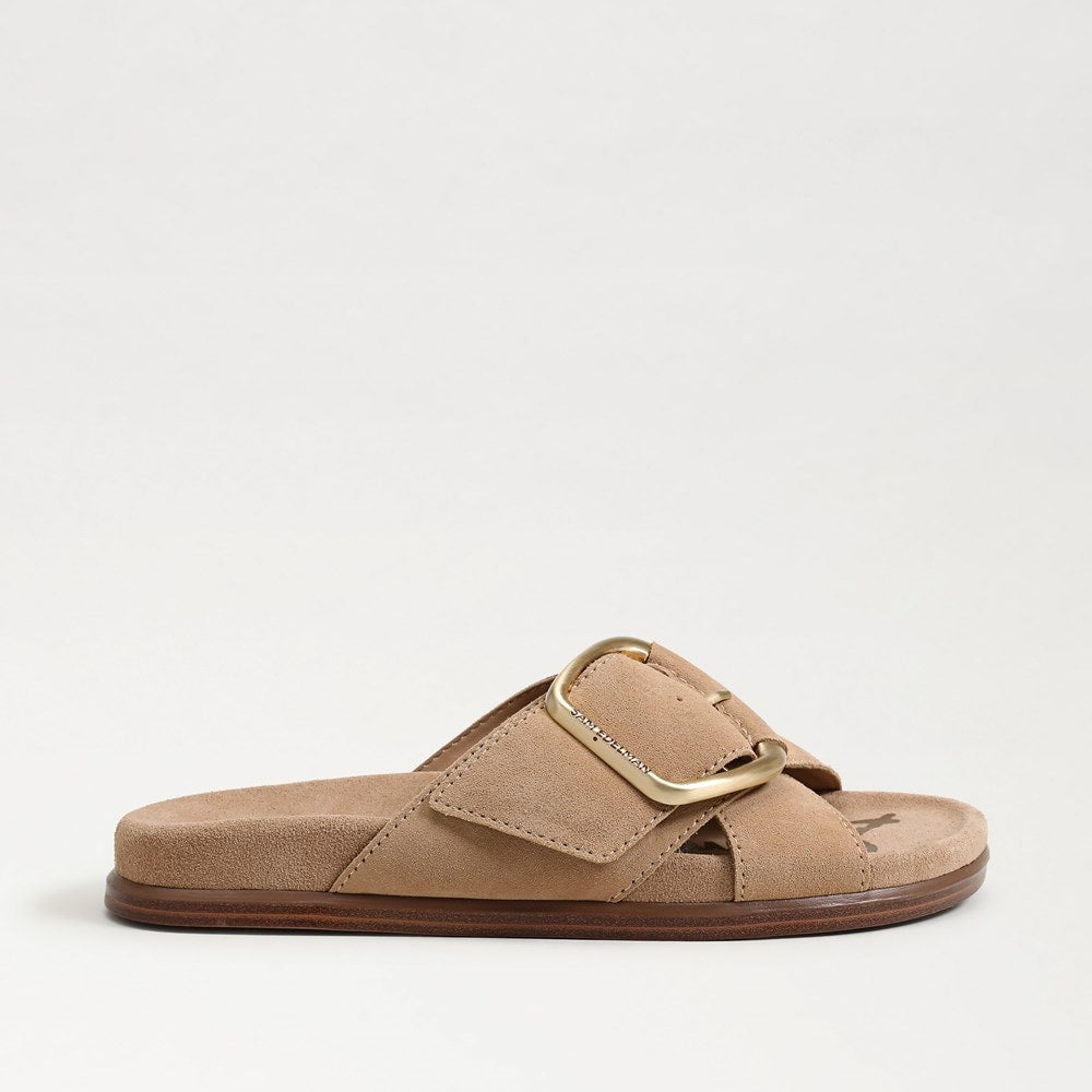 Darla Buckle Slide Sandal in tan leather with open toe and ankle strap
