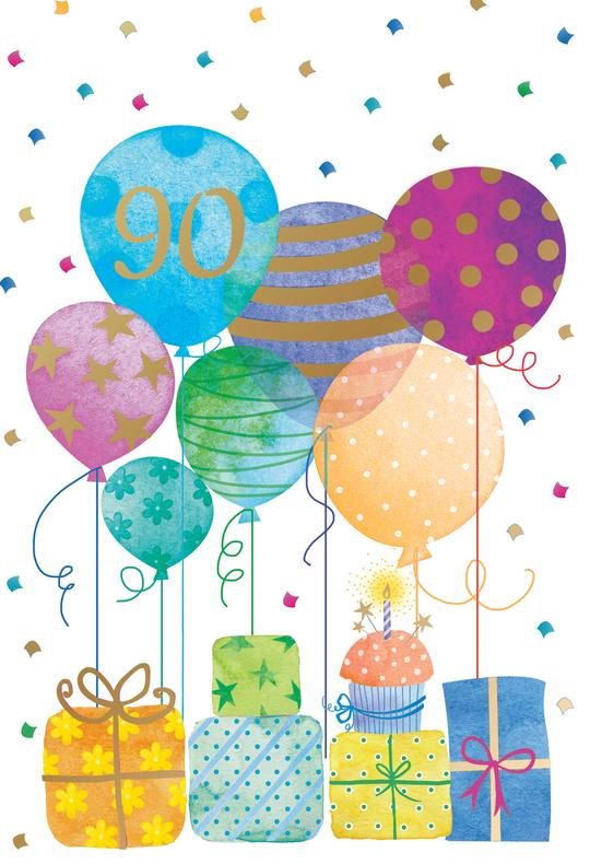 White card with number 90 on front and birthday wish message inside.