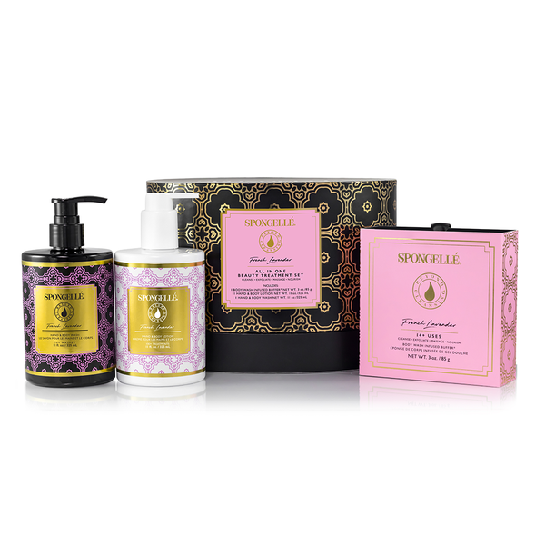 Daisy Collection body gift set box with a white sponge featuring yellow daisies