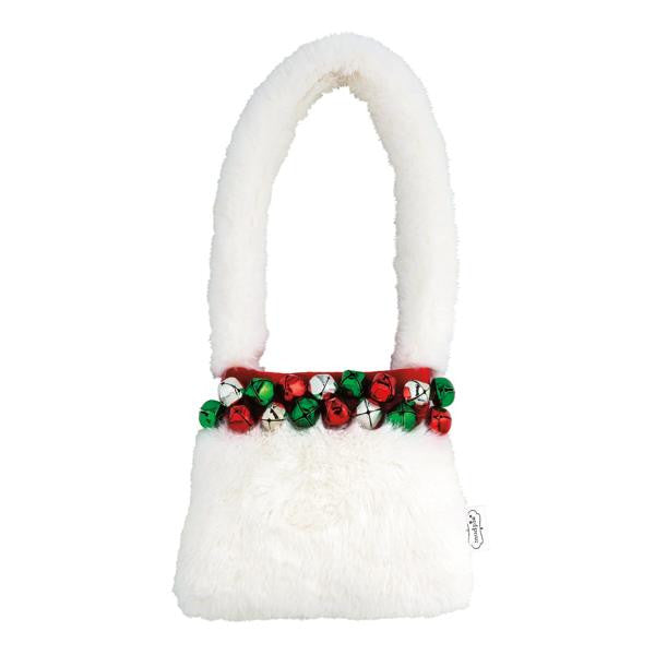 White fuzzy fur Jingle Bell Pouch Purse with a red velvet trim and colorful mini jingle bells.