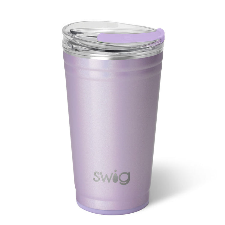 Light purple 24oz insulated stainless steel party cup with a clear EZ slider lid and silicone base.