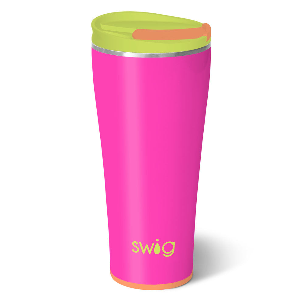 Hot pink 32oz stainless steel tumbler with a lime green lid and orange accents.