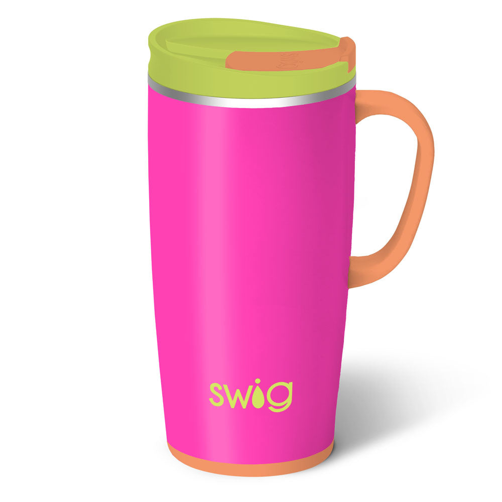 Silver stainless steel travel mug with a slim metal handle and large BPA-free lid.