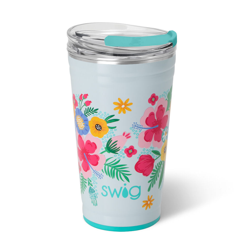 Light blue 24oz insulated stainless steel party cup with a colorful floral pattern and teal base.