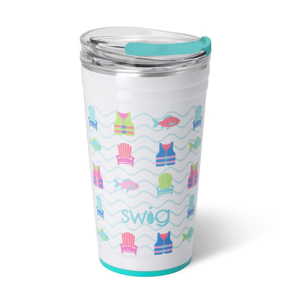 White 24oz insulated party cup with a summer-themed pattern of life vests, chairs, and fish.