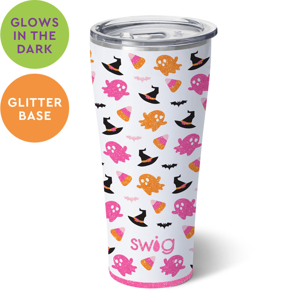 32oz stainless steel tumbler with a white background, Halloween pattern, and pink glitter base.