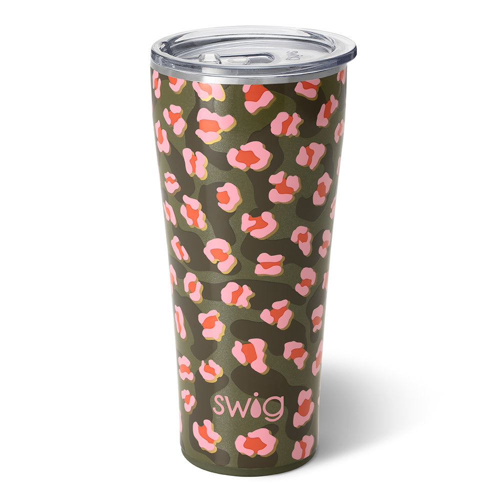 32oz stainless steel tumbler with a green, pink, and orange leopard print pattern.