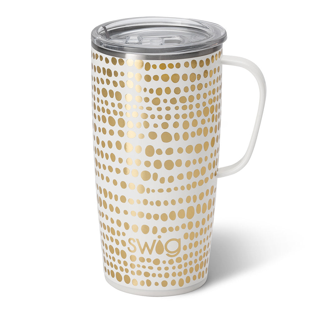 Silver stainless steel travel mug with a black silicone base and removable lid slider.