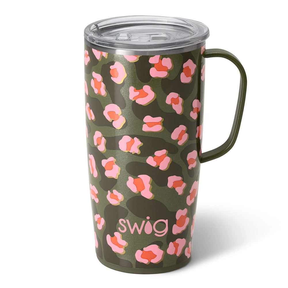 Silver stainless steel travel mug with a slim metal handle and large BPA-free lid.