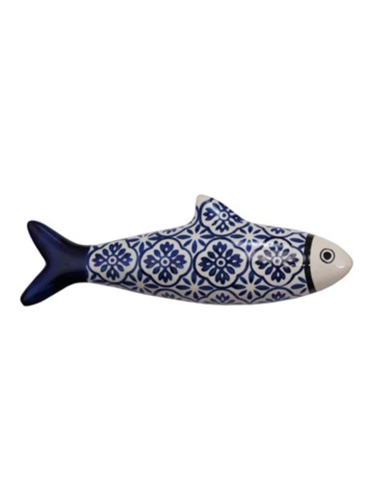 Hand-painted stoneware fish wall décor in natural clay with blue glaze scales and tail silhouette.