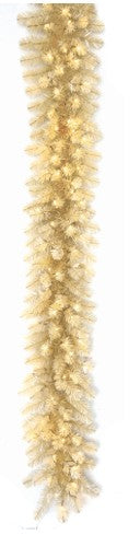 9' Vintage White Spruce Tinsel Garland with 200 PVC tips and warm white micro LED lights.