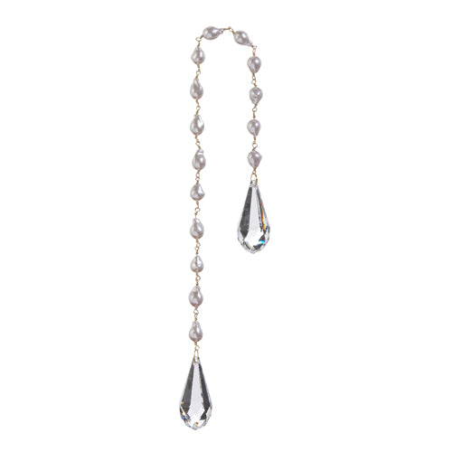 17-inch pearl chain ornament with two clear faceted jewel drops on a gold-tone wire.