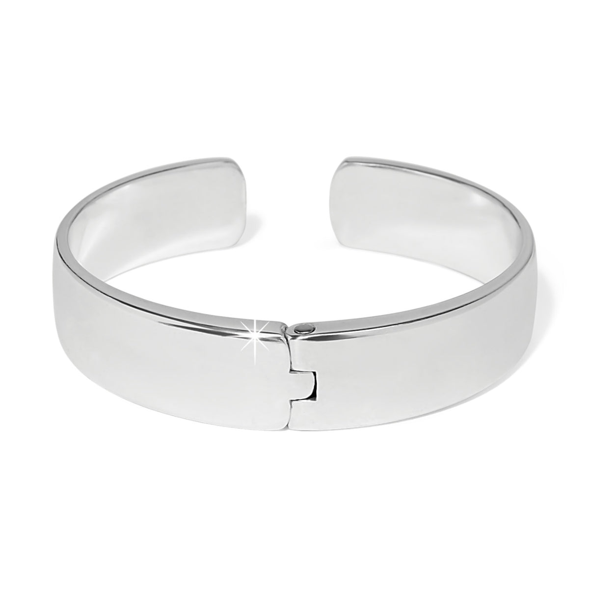 Silver plated B You Hinged Bangle with a polished finish and crystal accent.