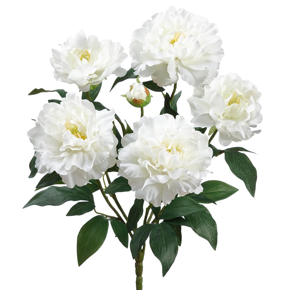 Artificial peony bush with pink flowers on a plastic and wire frame structure.