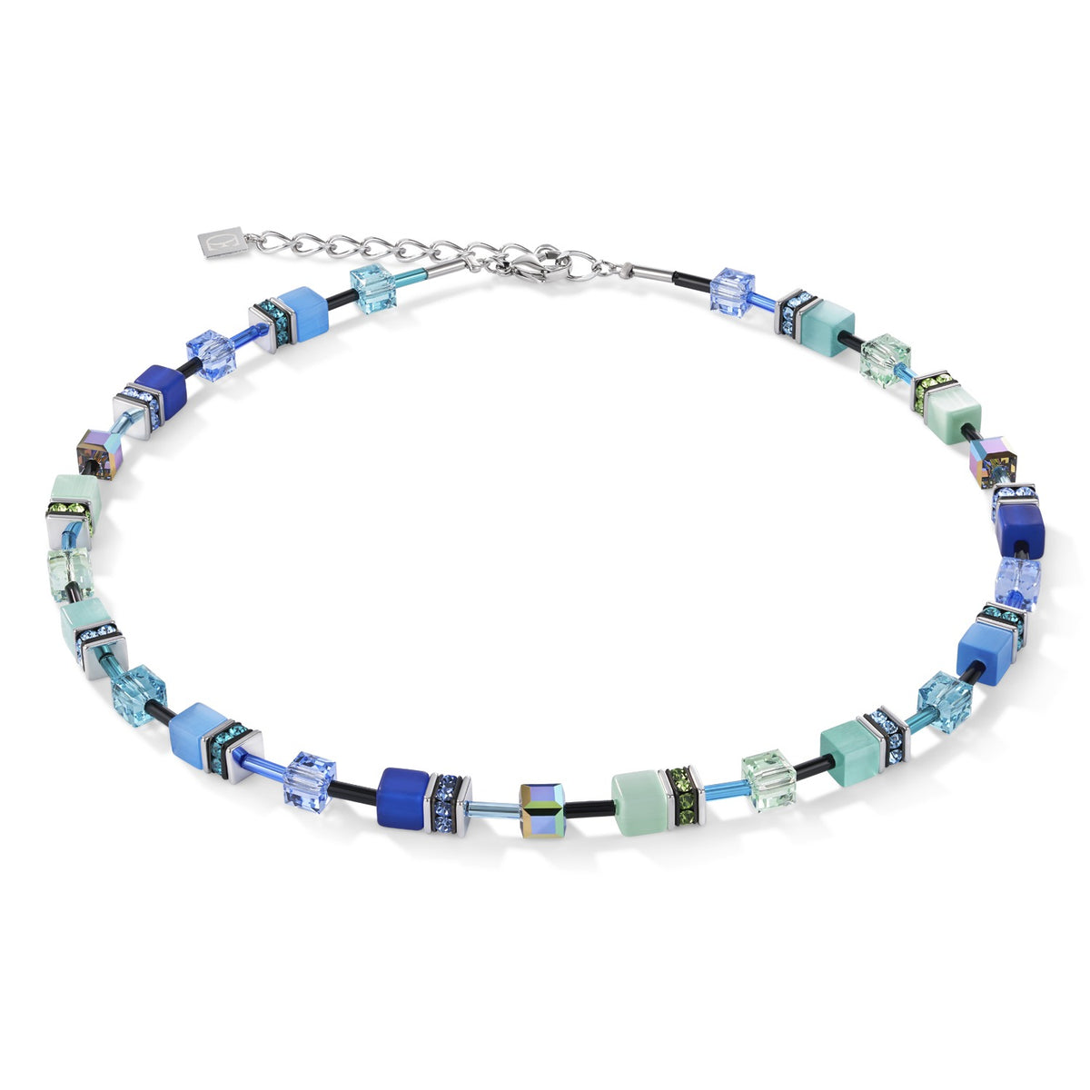 GeoCUBE necklace featuring blue and green synthetic tiger's eye and Swarovski crystals.