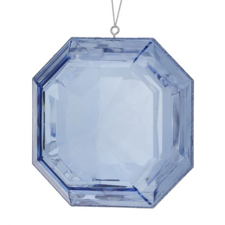 6-inch light blue acrylic square precious gem ornament with faceted edges and silver hanging loop.