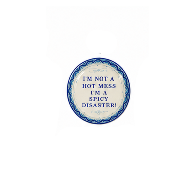 Round stoneware magnet with blue border and text: I'M NOT A HOT MESS I'M A SPICY DISASTER!