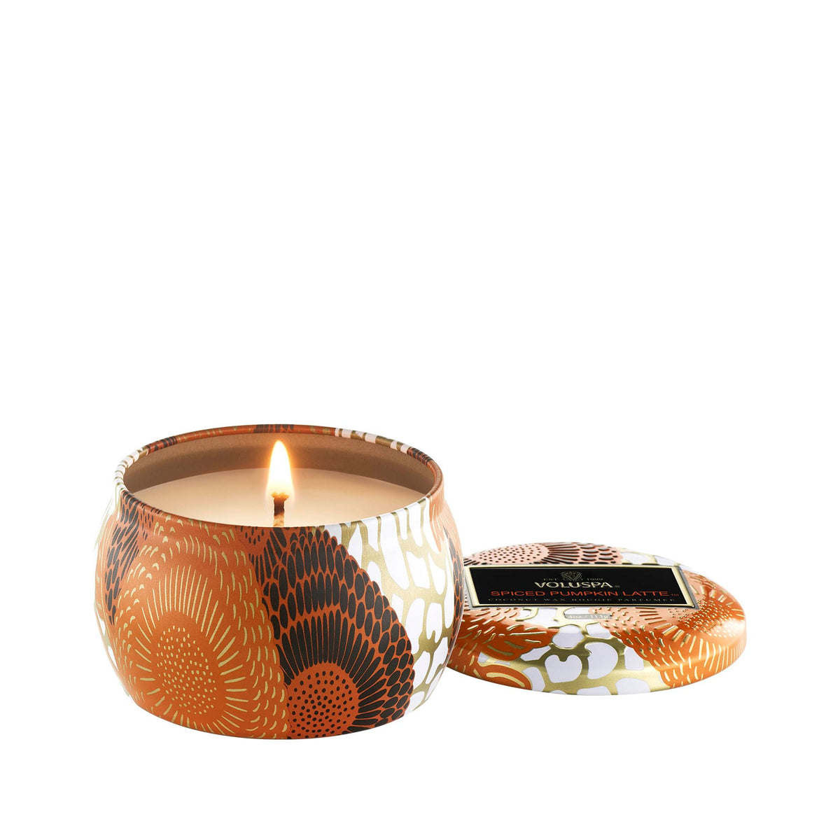 Spiced Pumpkin Latte Capsule Mini Tin candle with a lit wick and patterned lid.