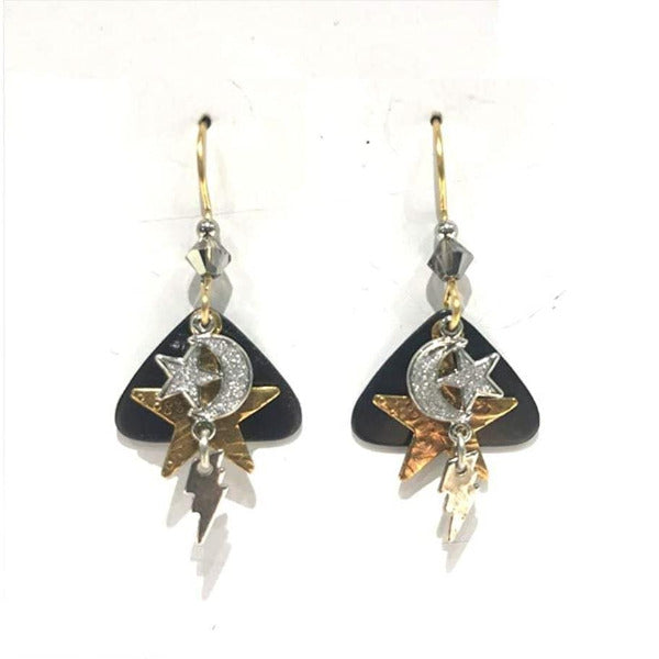 Sky Story on Triangle Earrings featuring celestial charms, stars, and moons on dark triangles.