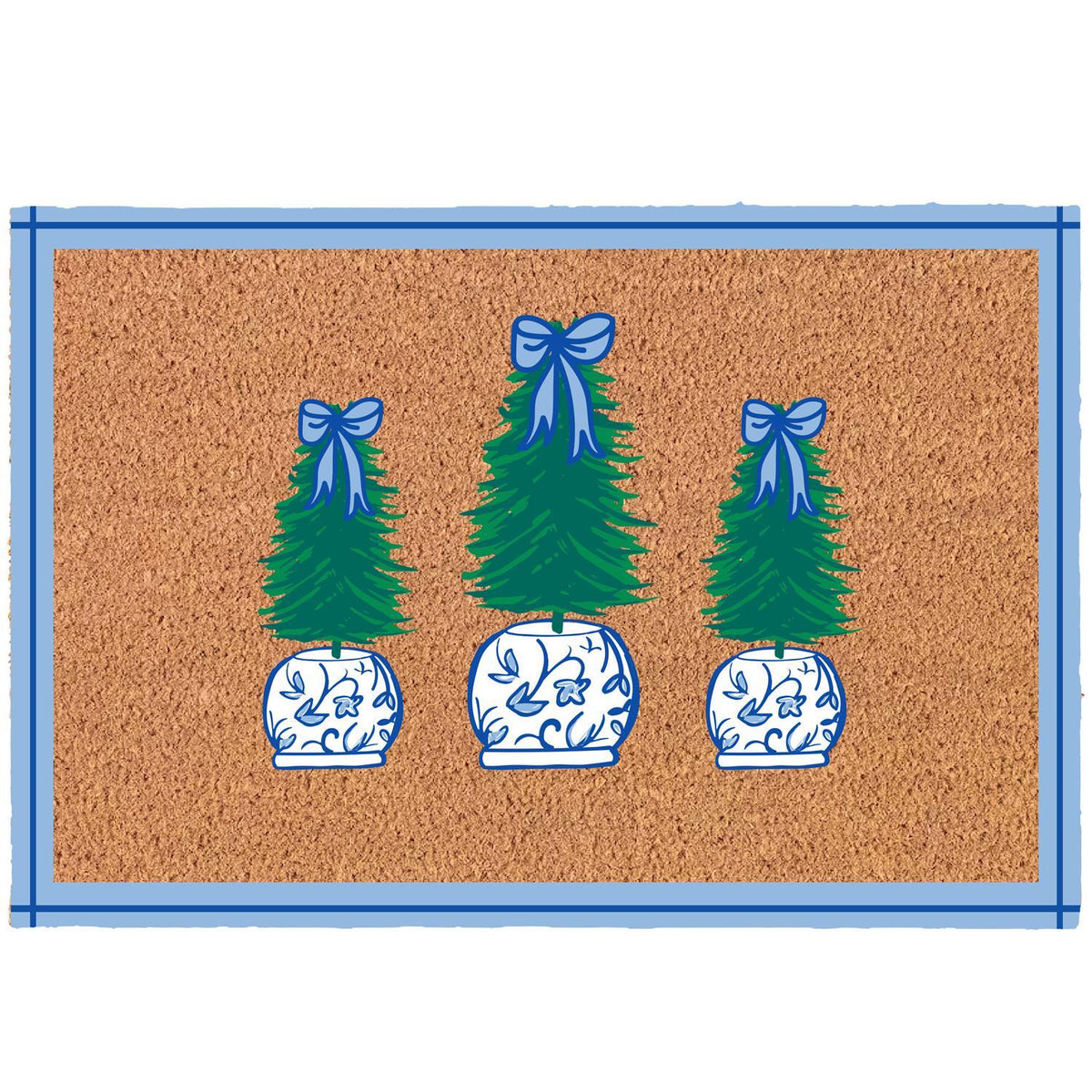 Red rectangular door mat with white snowflake patterns on a textured surface.
