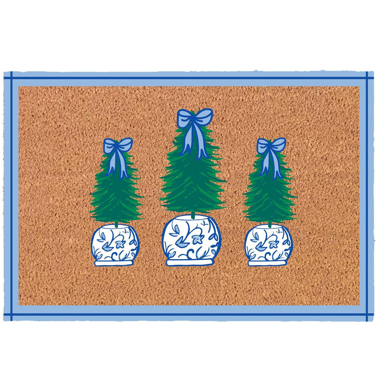 Red rectangular door mat with white snowflake patterns on a textured surface.