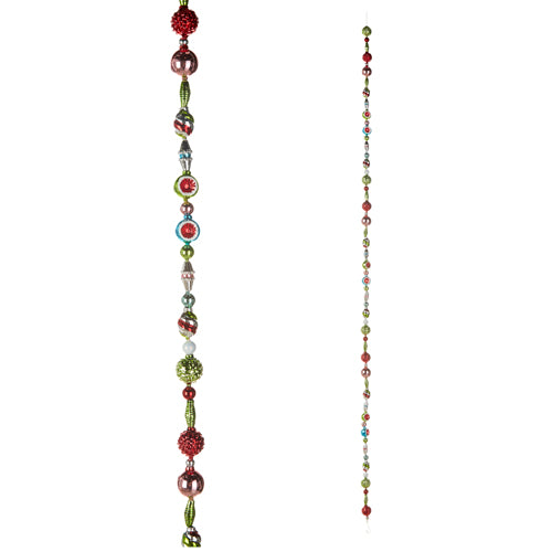 7-foot vintage glass bead garland featuring a variety of red, green, and silver ornaments.