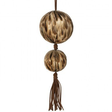 14-inch natural feather ball drop ornament with two spheres and a brown tassel.