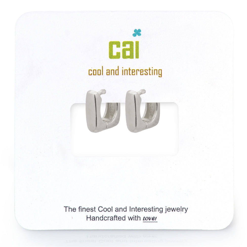 A pair of silver dainty plain huggie hoop earrings displayed on a white branded card.