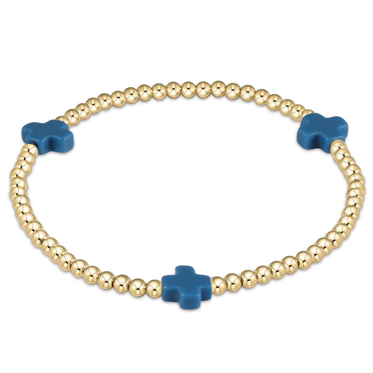 Signature Cross 3mm gold-filled bead bracelet with three blue cross charms on an elastic band.