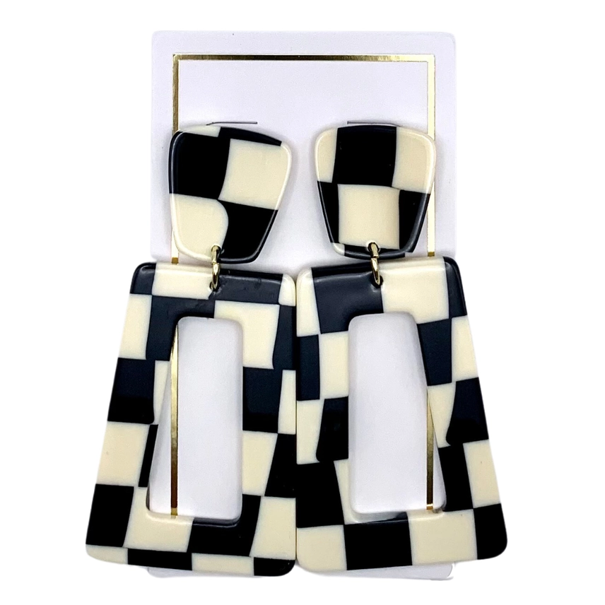 Kennedy resin earrings with stainless steel posts in a glossy black finish.