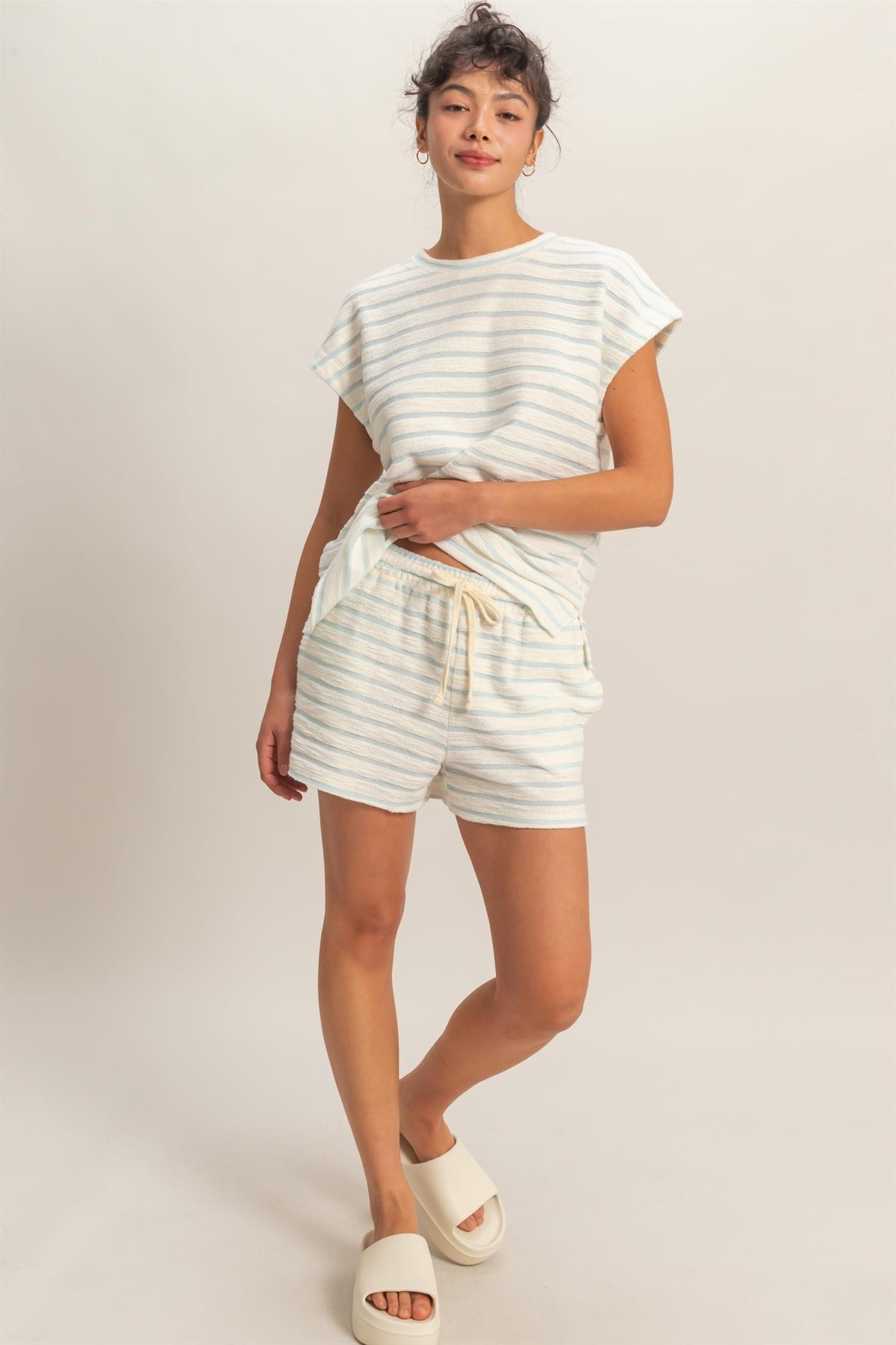 Women's striped drawstring waist shorts in cotton polyester blend with relaxed fit