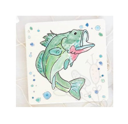 Square stone coaster with hand-painted artwork on top, cork backing, measuring 4.3 inches.