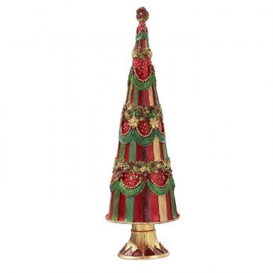 Resin Beribboned Feliz Tree with red, green, and gold vertical stripes and festive garland accents.