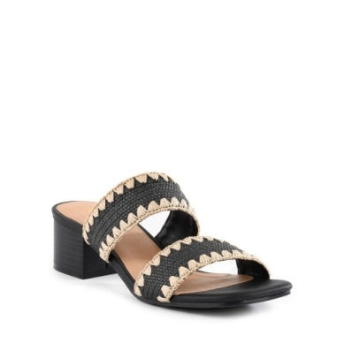 Black slide sandals with two raffia-trimmed straps and a block heel.