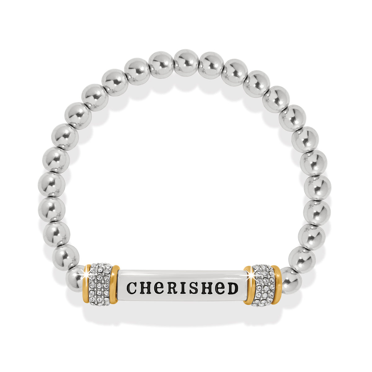 Two-tone silver and gold stretch bracelet featuring fine quality crystals with a simple band silhouette.