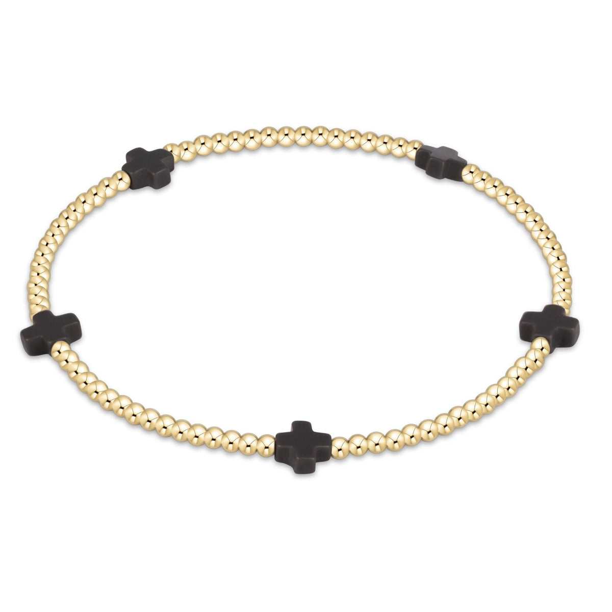 Small gold-filled bracelet with a cross pattern made from 2mm beads on stretch elastic.