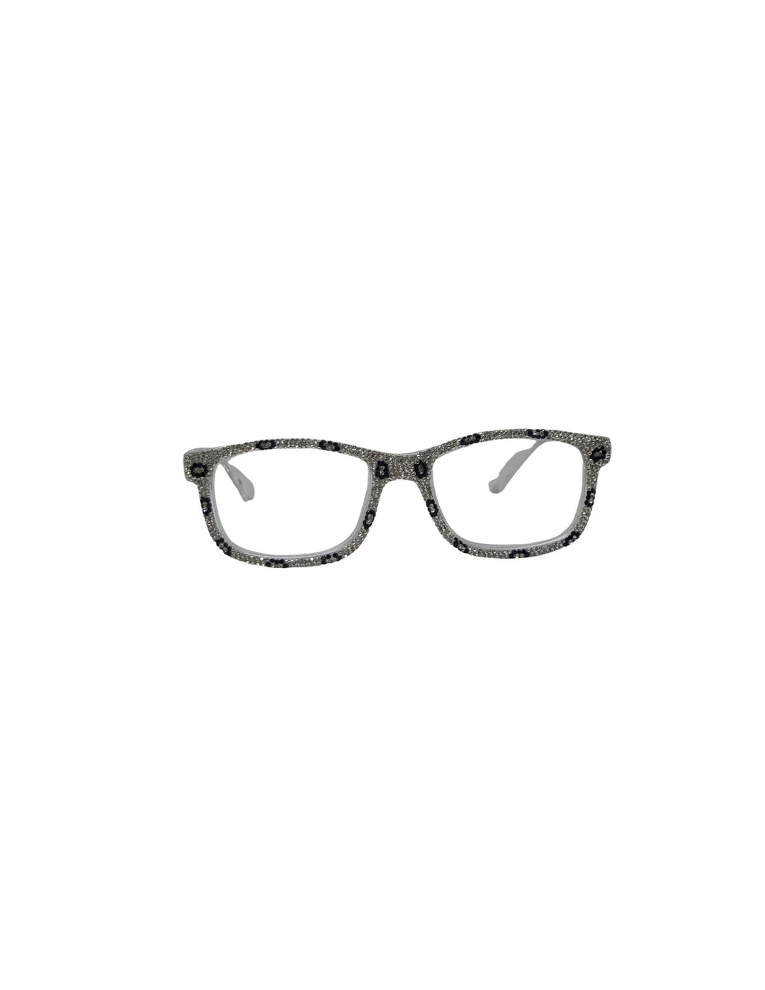 Rectangular rhinestone reading glasses with silver crystals and black floral accents.