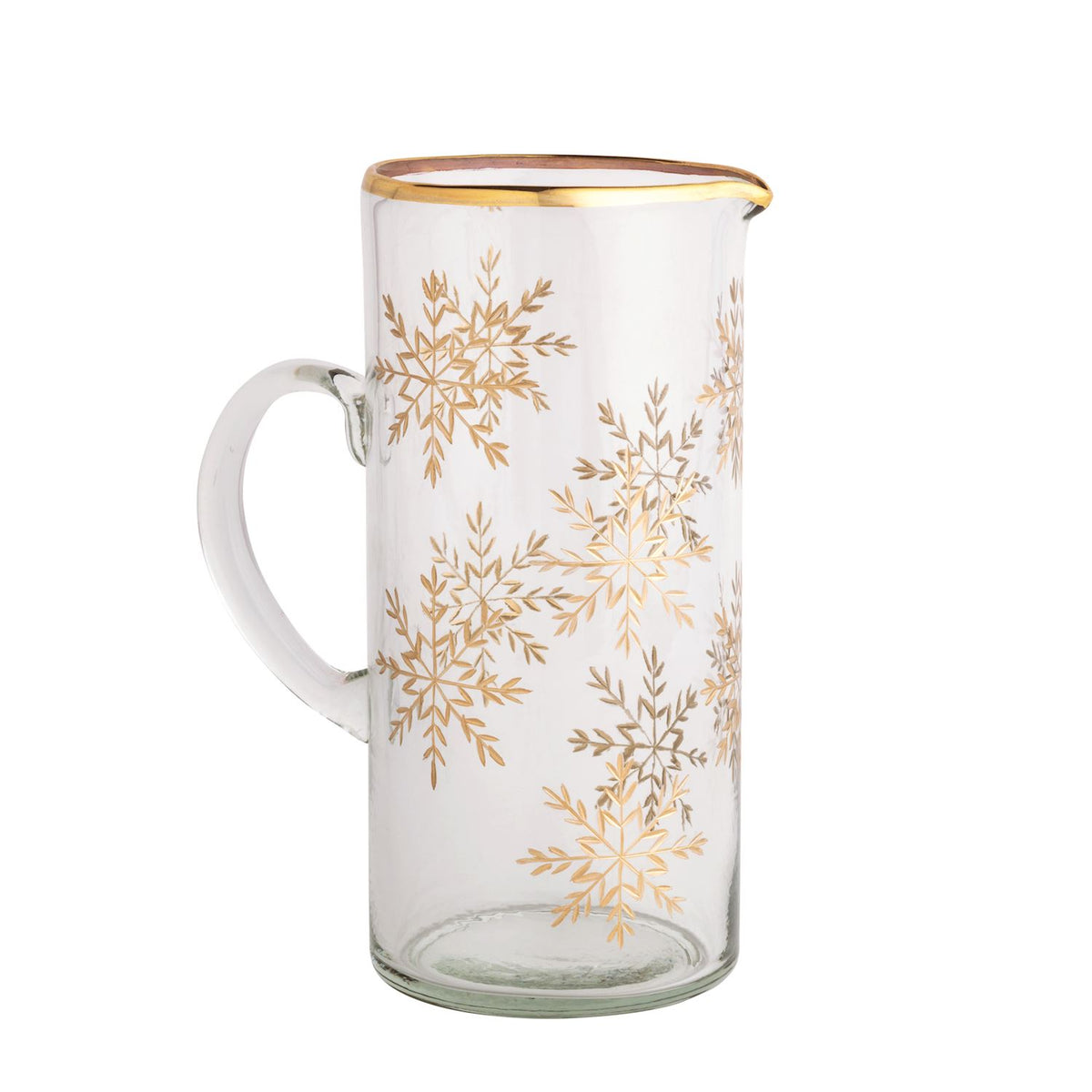 Clear glass pitcher with gold-etched snowflakes, a gold rim, and a side handle.