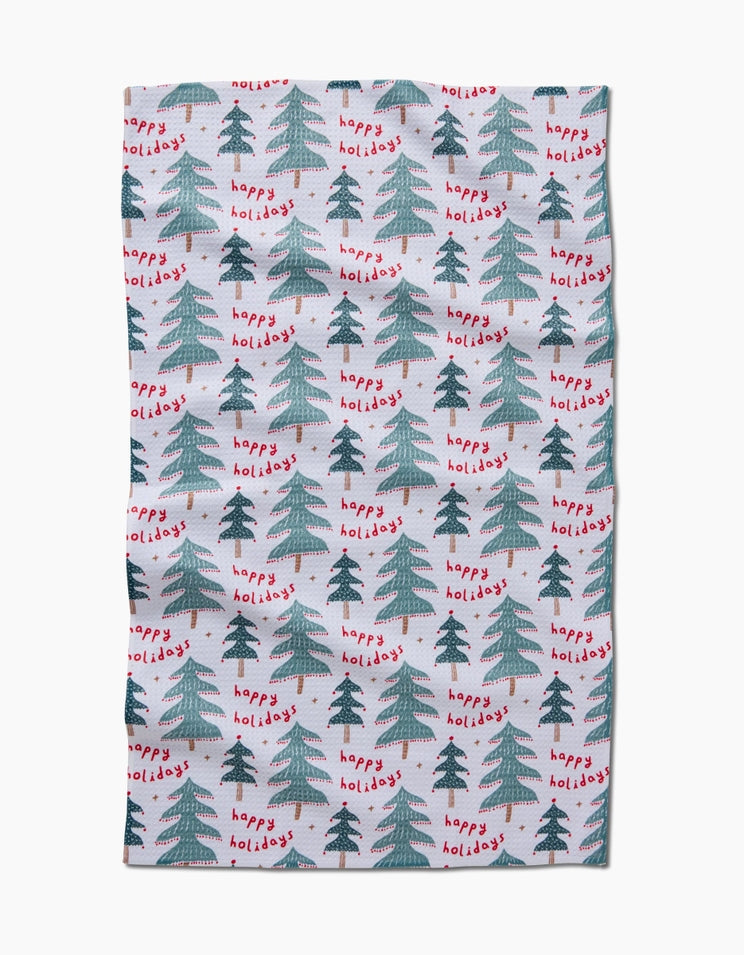 Holiday tea towel with waffle weave construction featuring a festive seasonal print.