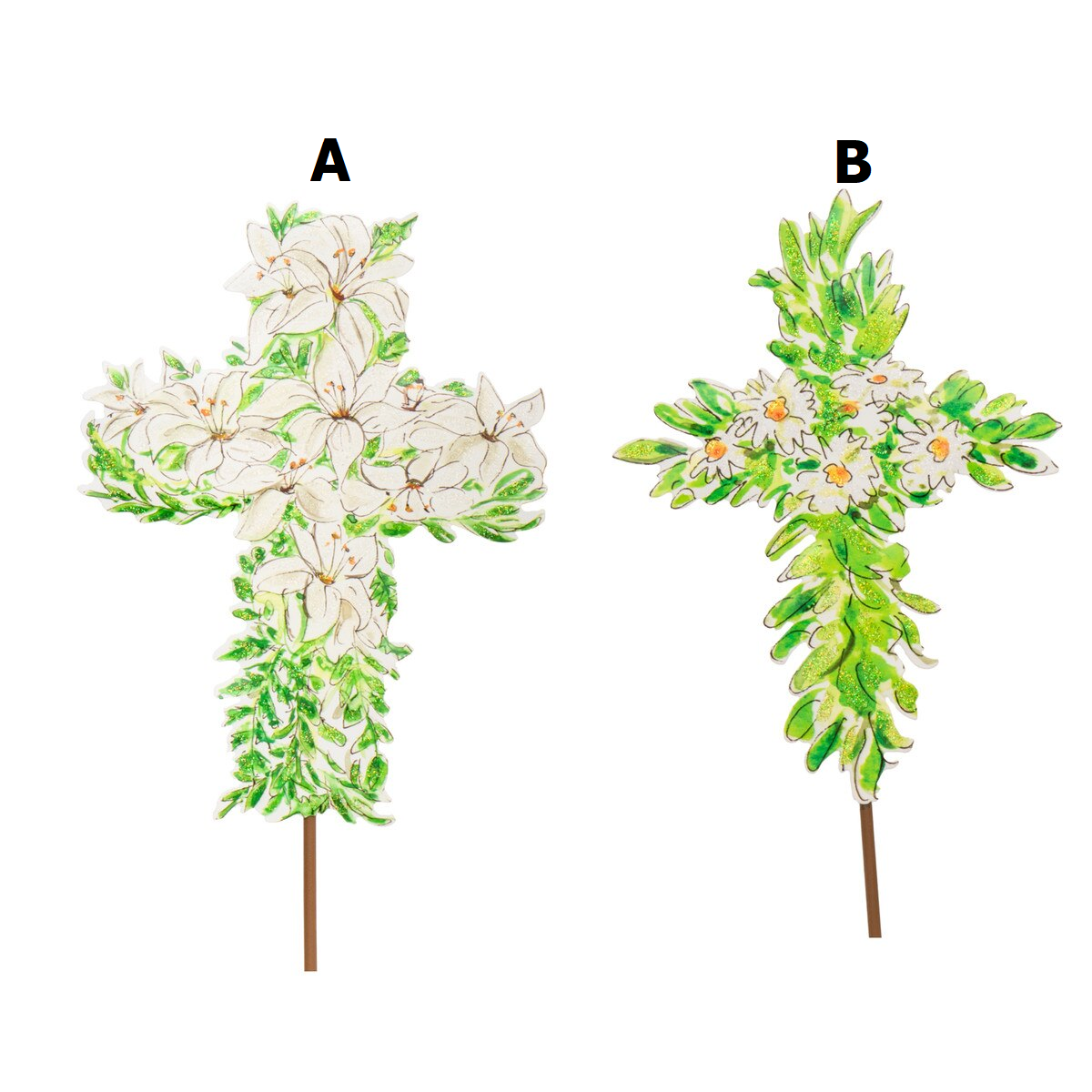 Blooming Crosses stake measuring 9 by 11 inches with a natural wood finish and cross-shaped silhouette.